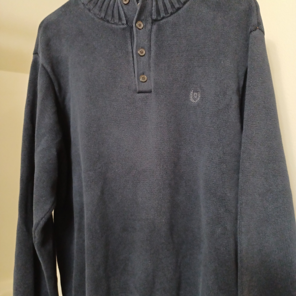 Chaps Men's Sweater Large Black/Gray Fair Isle, Quarter Button-Up, Pullover
